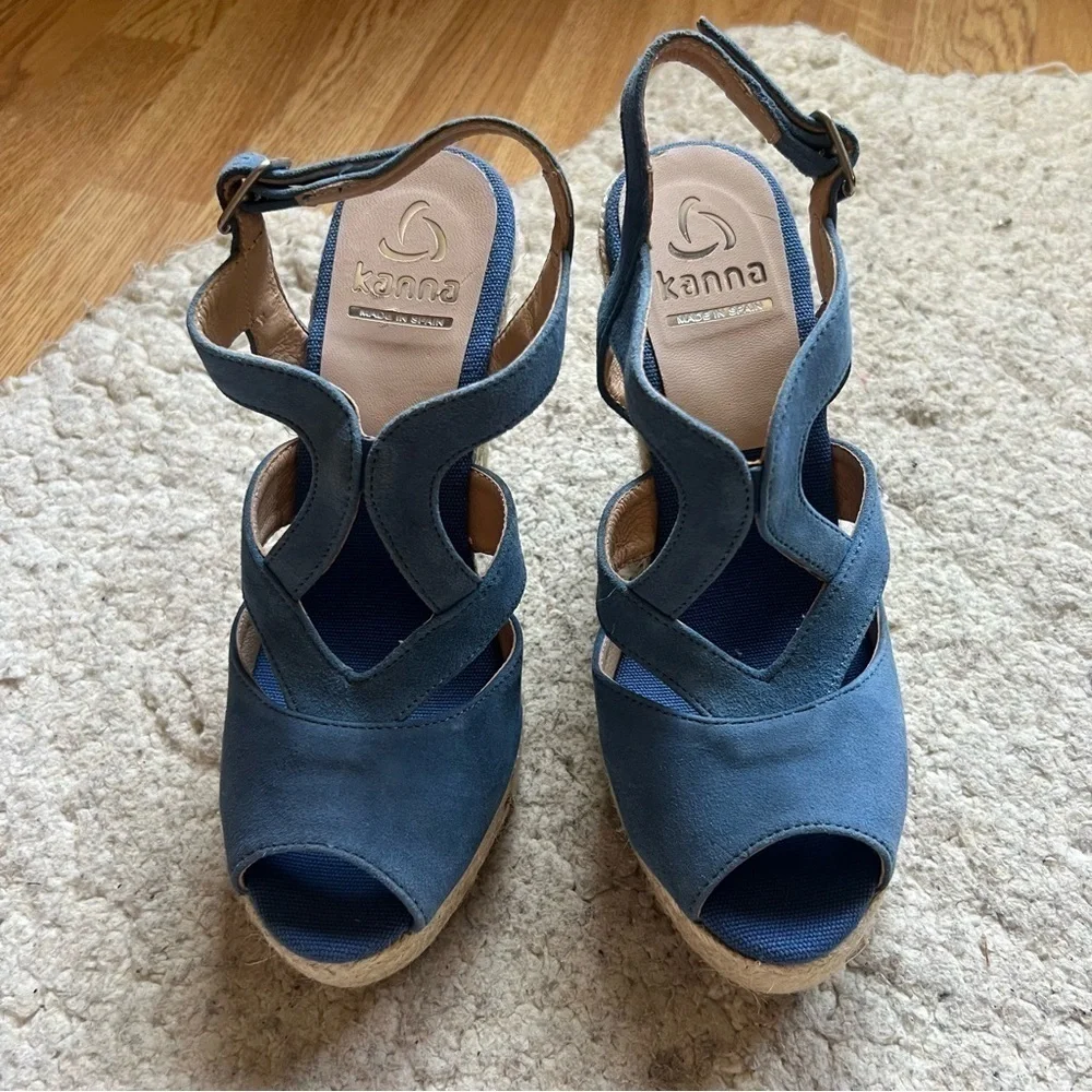 Kanna: Sky Blue Suede Espadrille Ankle Buckle Wedges NWOT Size 39